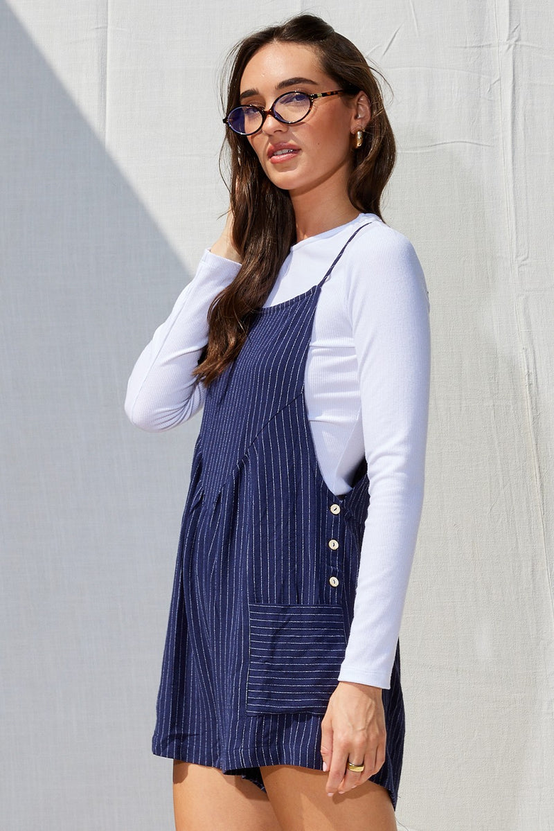 STRIPED LINEN BLEND ROMPER - NAVY