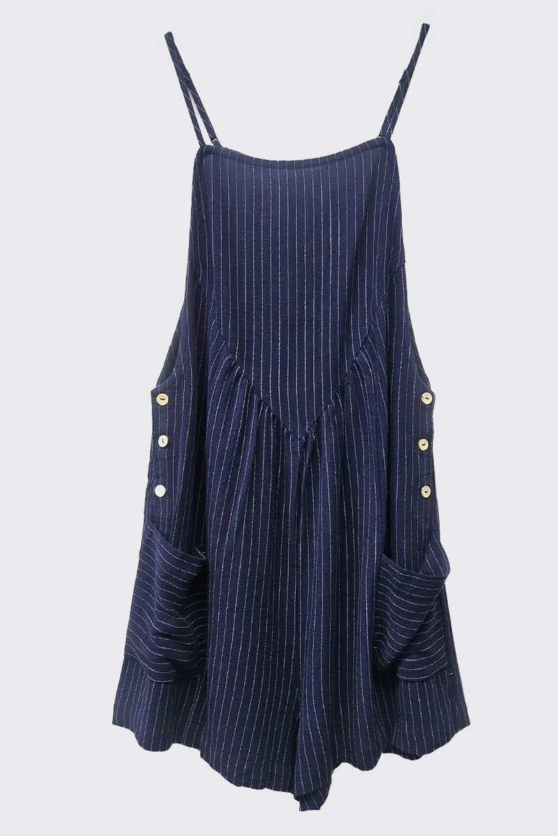 STRIPED LINEN BLEND ROMPER - NAVY