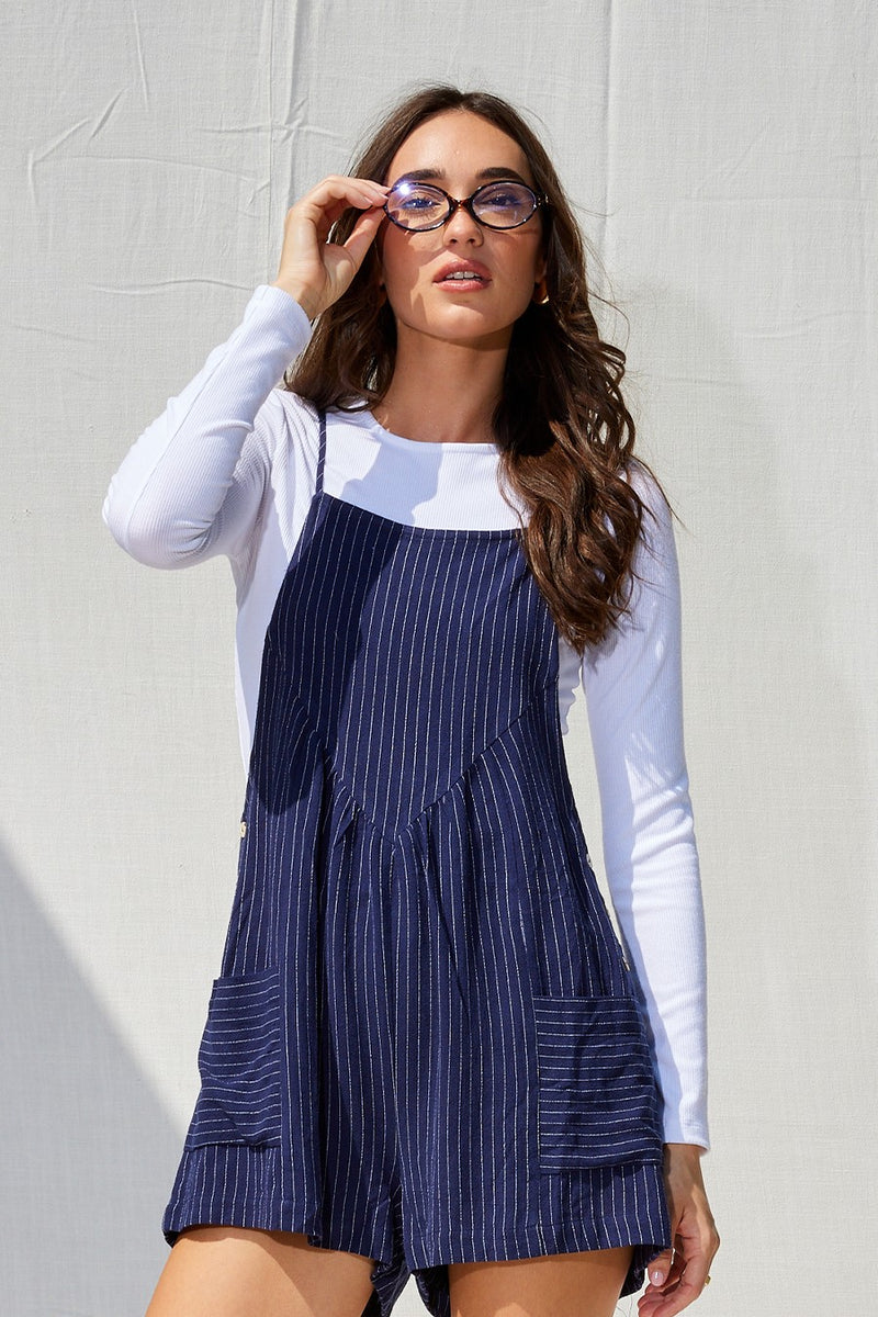 STRIPED LINEN BLEND ROMPER - NAVY