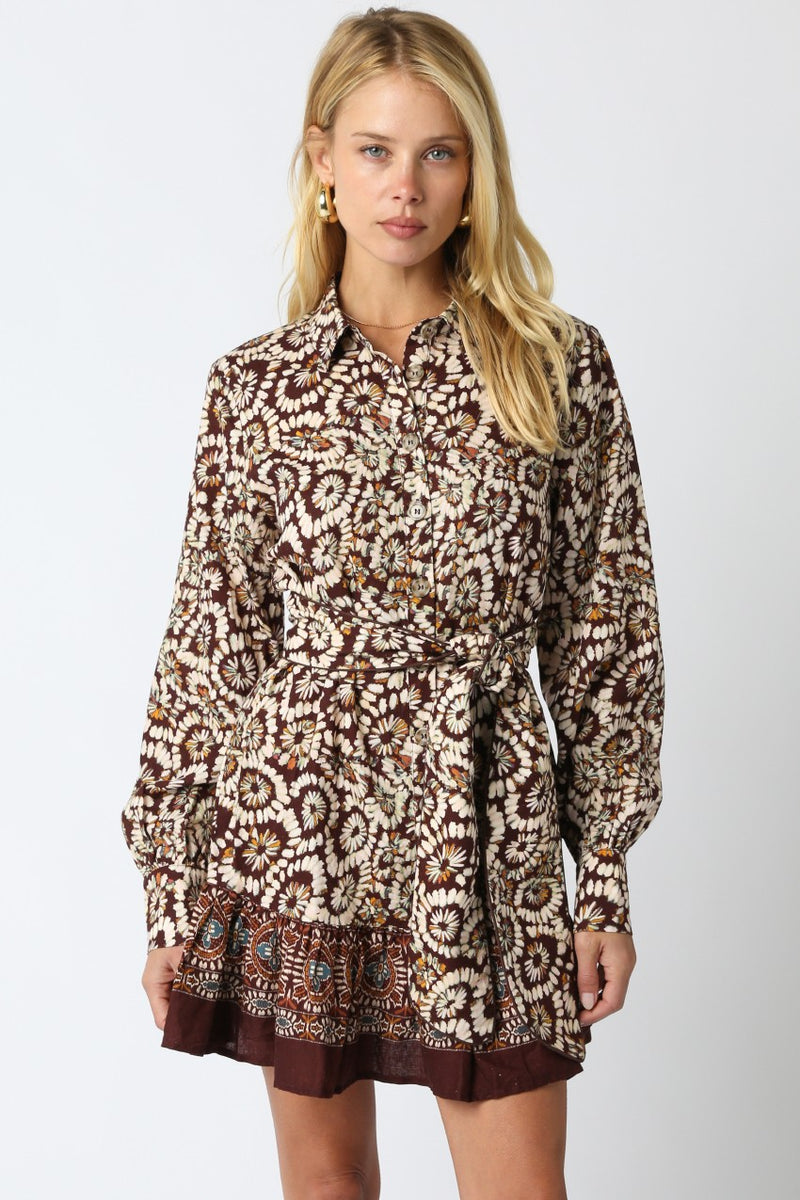 LYNA BROWN RUFFLED DRESS - BROWN MULTI