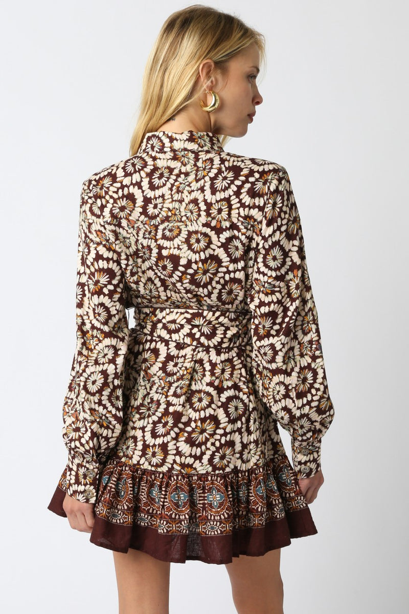 LYNA BROWN RUFFLED DRESS - BROWN MULTI