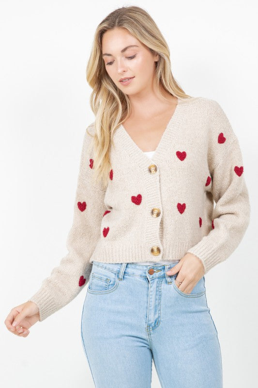 CARDIGAN WITH HEARTS - TAUPE