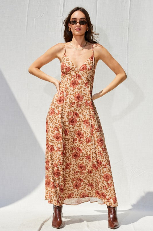 FLORAL PRINT OPEN BACK MAXI DRESS - RUST MULTI