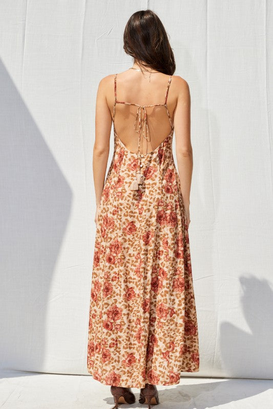 FLORAL PRINT OPEN BACK MAXI DRESS - RUST MULTI