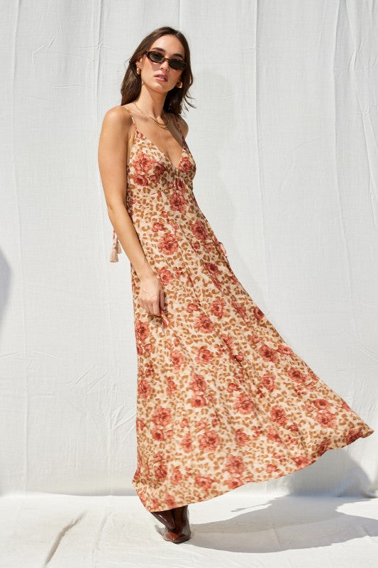 FLORAL PRINT OPEN BACK MAXI DRESS - RUST MULTI