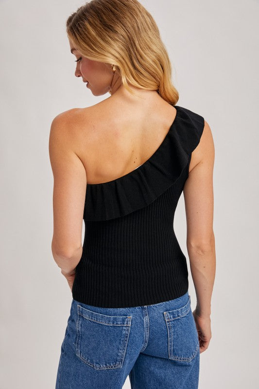 ONE SHOULDER RUFFLE TOP - BLACK