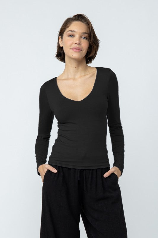 DOUBLE LAYER LONG SLEEVE TOP - BLACK