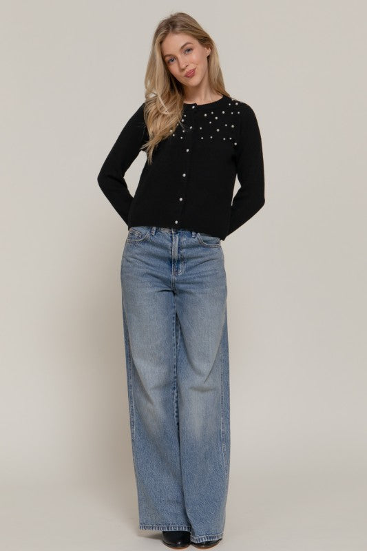 PEARL EMBELLISHED CARDIGAN - BLACK