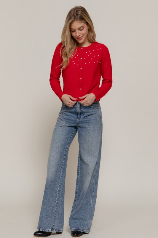 PEARL EMBELLISHED CARDIGAN - RED