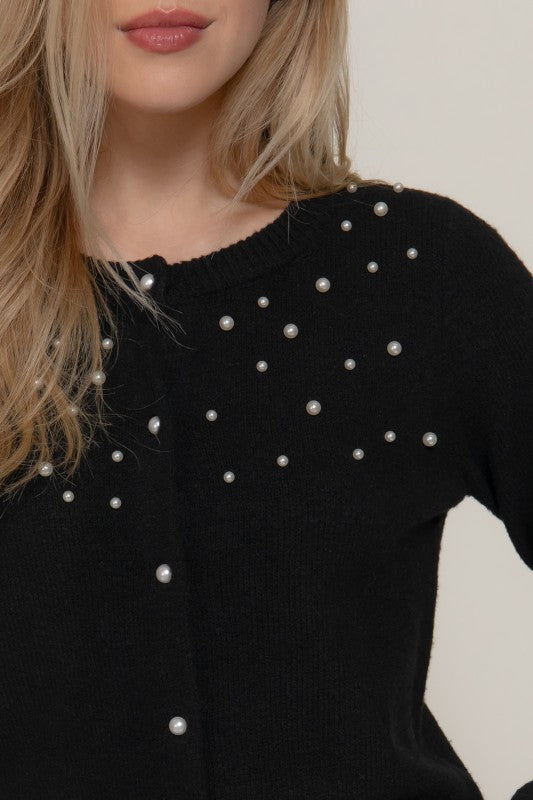 PEARL EMBELLISHED CARDIGAN - BLACK