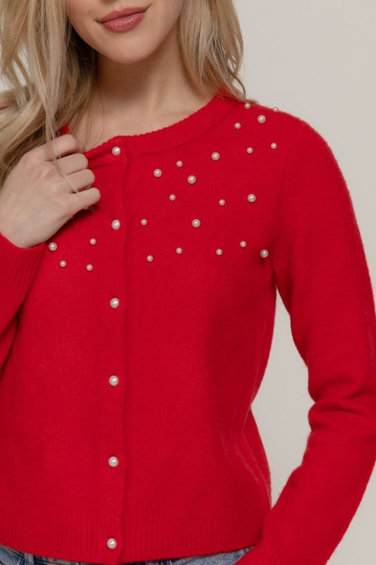 PEARL EMBELLISHED CARDIGAN - RED