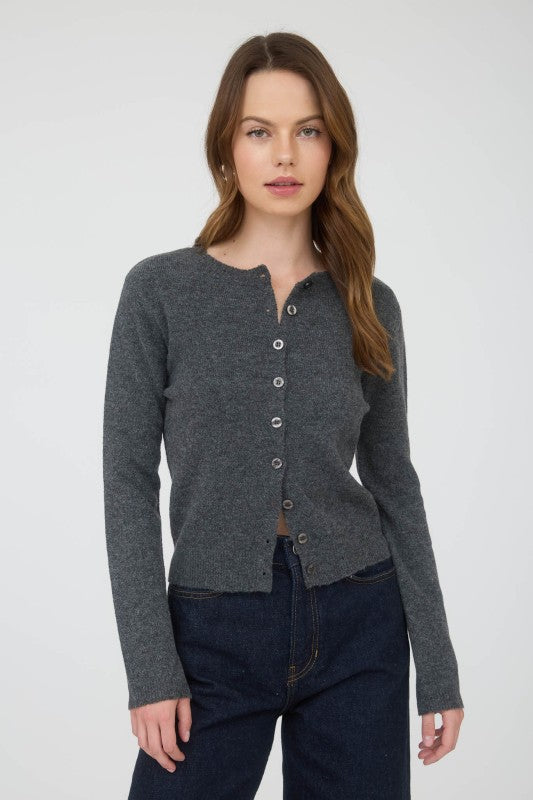 ROUND NECK CARDIGAN - CHARCOAL