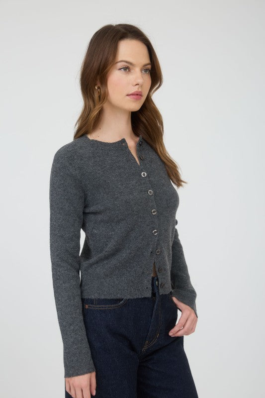 ROUND NECK CARDIGAN - CHARCOAL