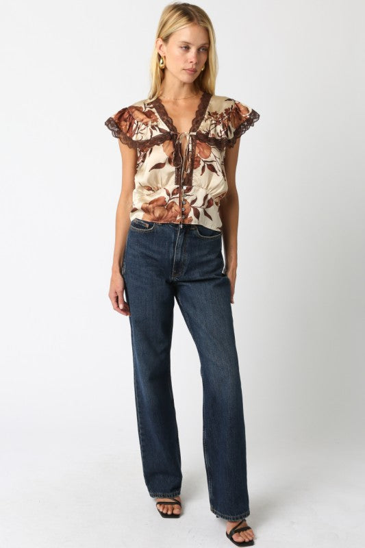 PARKER FLORAL LACE BLOUSE - BROWN