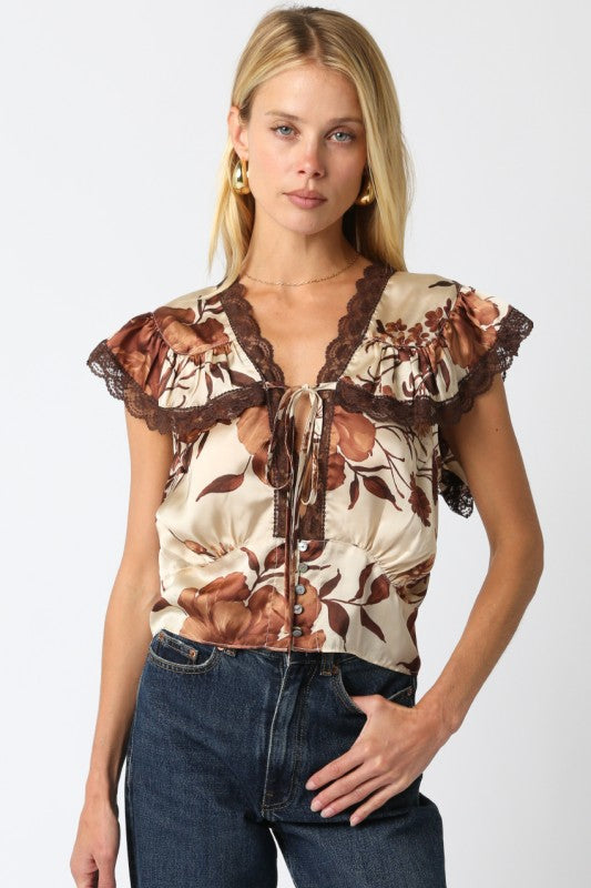 PARKER FLORAL LACE BLOUSE - BROWN