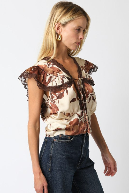 PARKER FLORAL LACE BLOUSE - BROWN