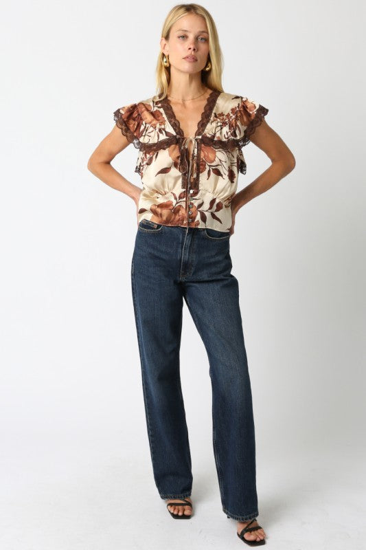 PARKER FLORAL LACE BLOUSE - BROWN
