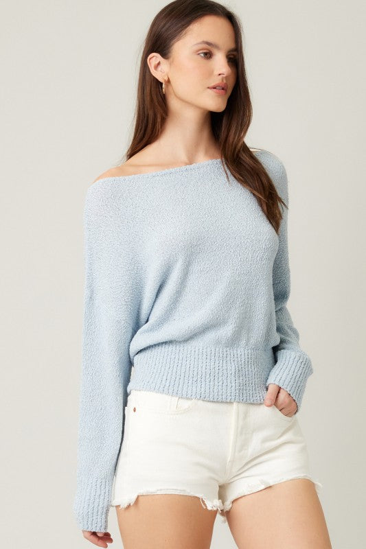 KNIT OFF SHOULDER SWEATER - LIGHT BLUE