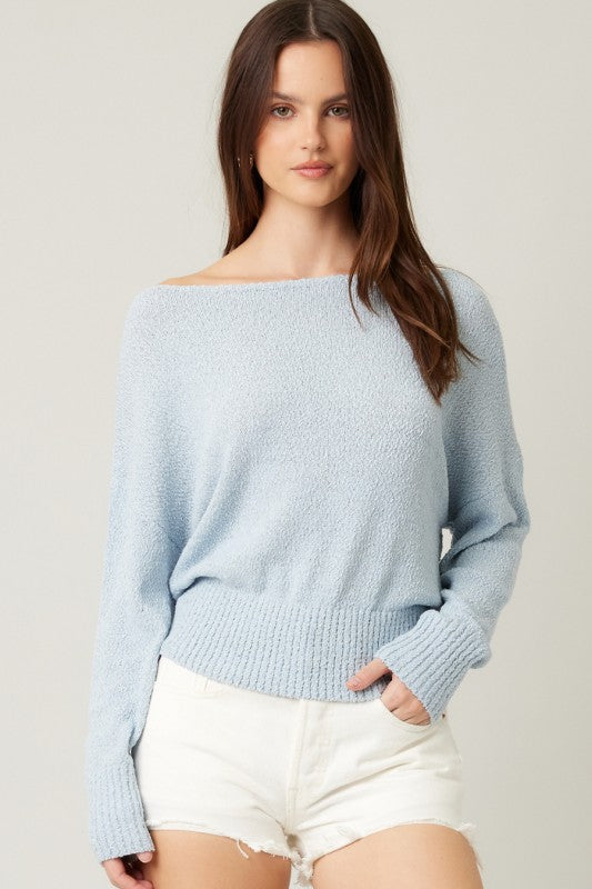 KNIT OFF SHOULDER SWEATER - LIGHT BLUE