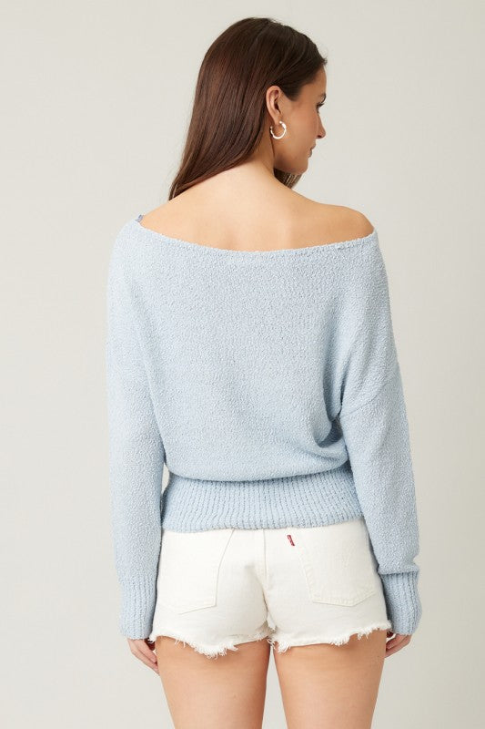 KNIT OFF SHOULDER SWEATER - LIGHT BLUE