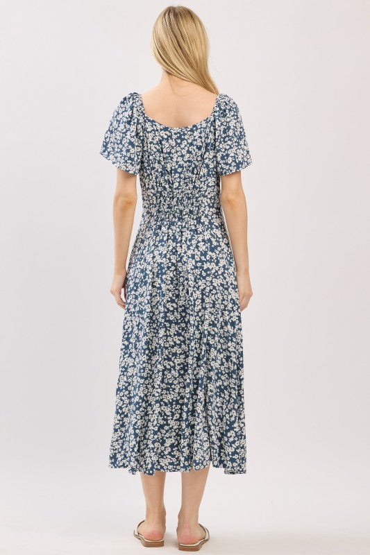 FLARE SLEEVE BUTTON DOWN DRESS - INK BLUE
