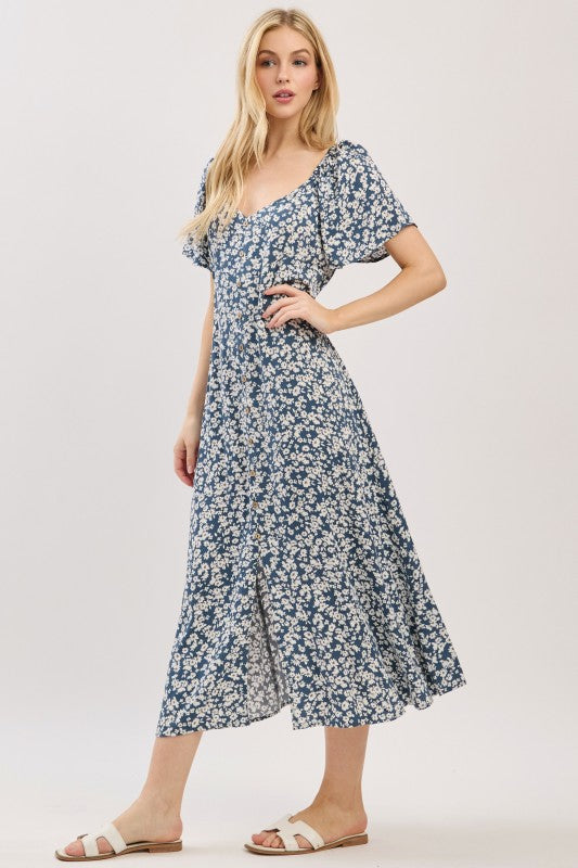 FLARE SLEEVE BUTTON DOWN DRESS - INK BLUE