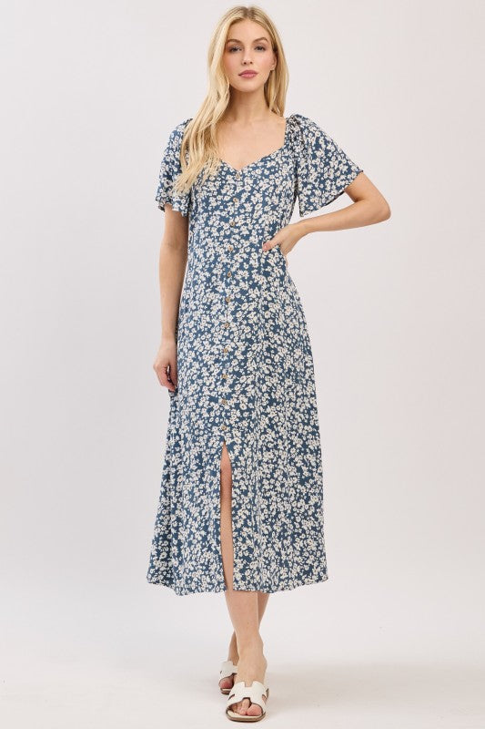 FLARE SLEEVE BUTTON DOWN DRESS - INK BLUE