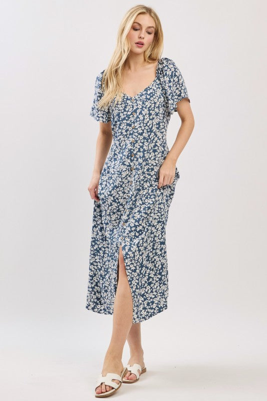 FLARE SLEEVE BUTTON DOWN DRESS - INK BLUE