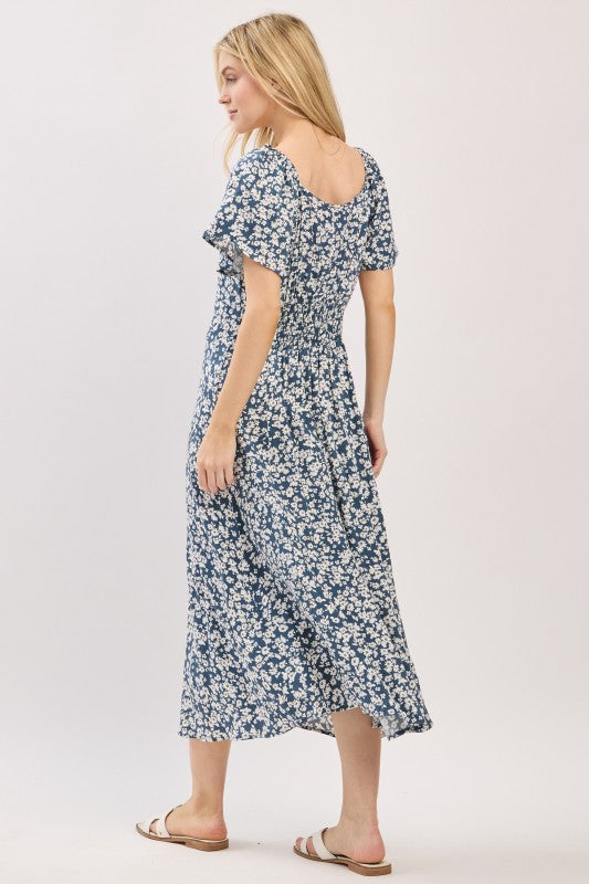 FLARE SLEEVE BUTTON DOWN DRESS - INK BLUE