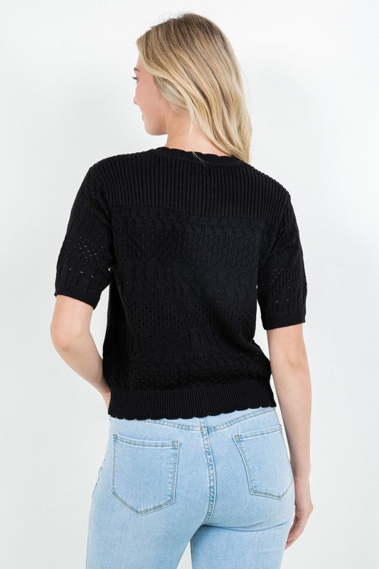 POINTELLE KNIT SLEEVE CARDIGAN - BLACK