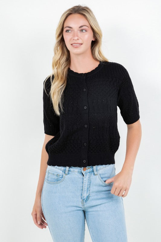 POINTELLE KNIT SLEEVE CARDIGAN - BLACK