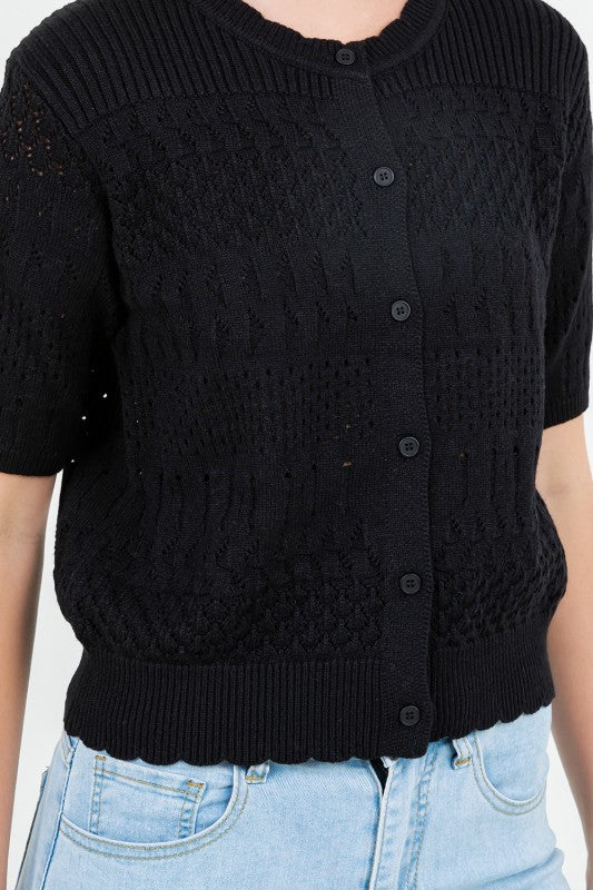 POINTELLE KNIT SLEEVE CARDIGAN - BLACK