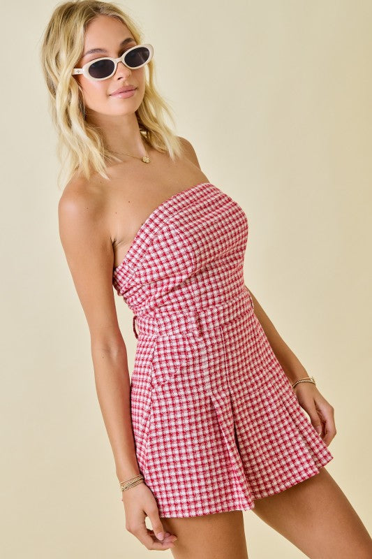 CHECKERED STRAPLESS MINI ROMPER/DRESS - RED/CREAM