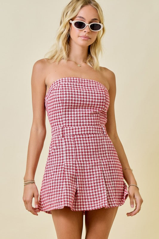 CHECKERED STRAPLESS MINI ROMPER/DRESS - RED/CREAM