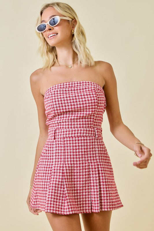 CHECKERED STRAPLESS MINI ROMPER/DRESS - RED/CREAM