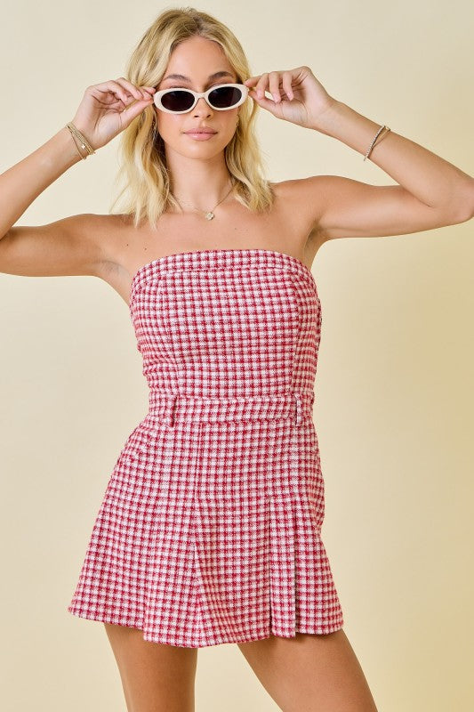 CHECKERED STRAPLESS MINI ROMPER/DRESS - RED/CREAM