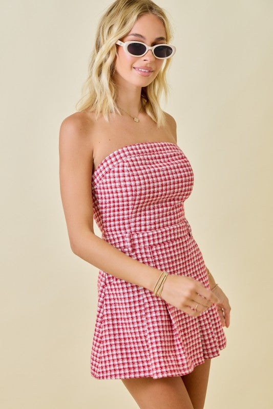 CHECKERED STRAPLESS MINI ROMPER/DRESS - RED/CREAM