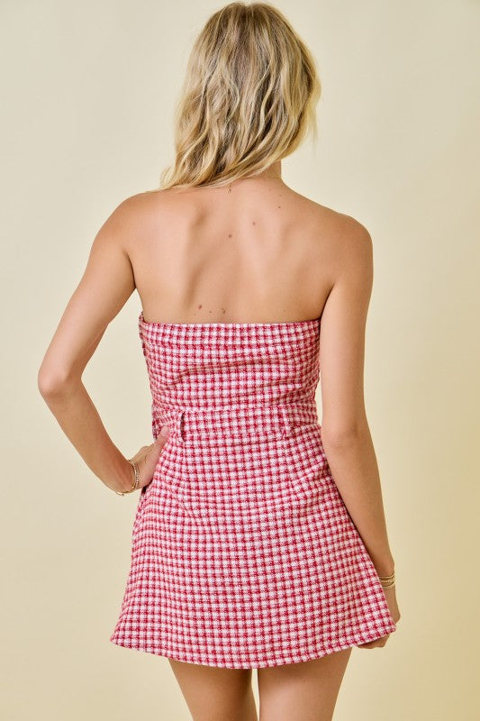CHECKERED STRAPLESS MINI ROMPER/DRESS - RED/CREAM