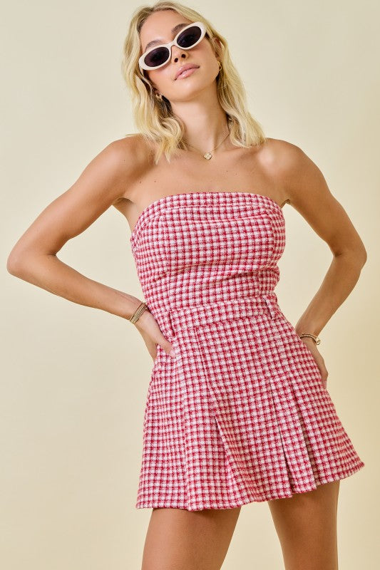 CHECKERED STRAPLESS MINI ROMPER/DRESS - RED/CREAM