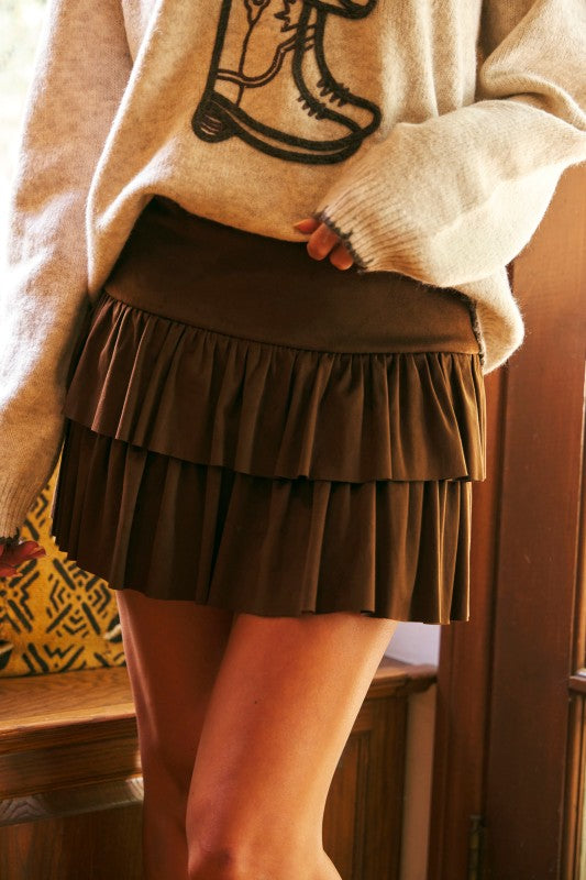 TIERED RUFFLE SKORT - ESPRESSO