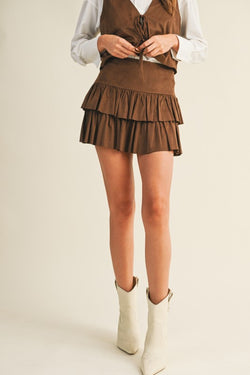 TIERED RUFFLE SKORT - ESPRESSO