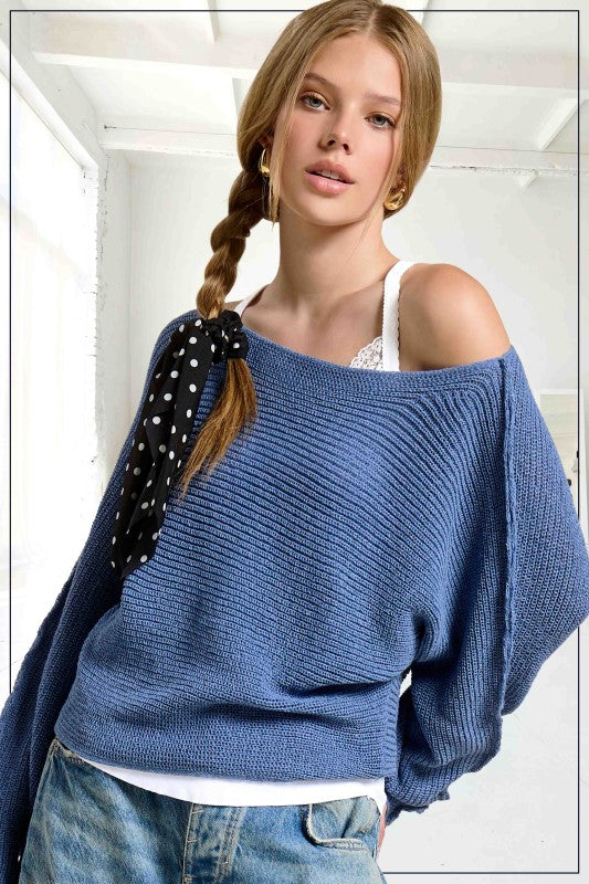 BOATNECK DOLMAN SLEEVE SWEATER - DENIM