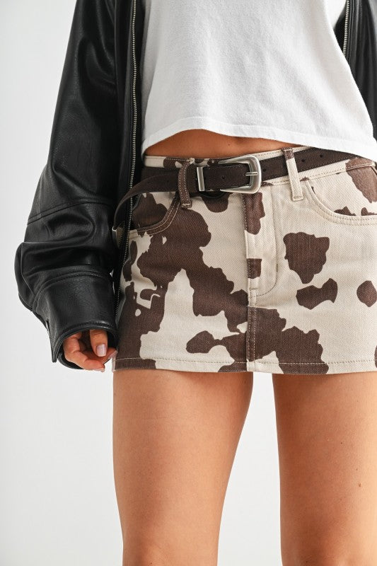 DENIM MINI SKORT - COW PRINT