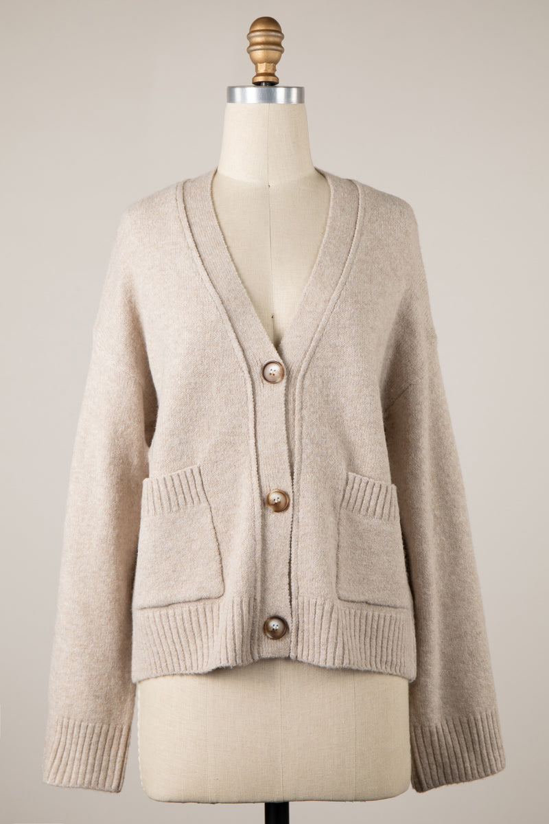 COZY KNIT BUTTON DOWN CARDIGAN - KHAKI