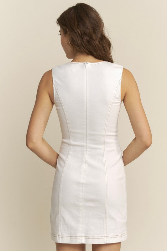 EMBROIDERED DEEP V MINI DRESS - OFF WHITE
