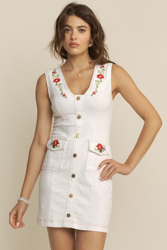 EMBROIDERED DEEP V MINI DRESS - OFF WHITE