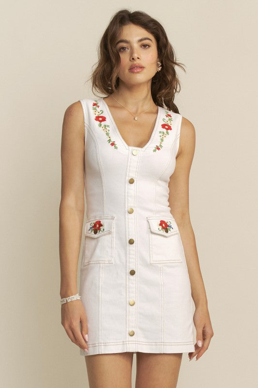 EMBROIDERED DEEP V MINI DRESS - OFF WHITE
