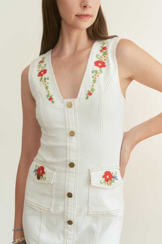 EMBROIDERED DEEP V MINI DRESS - OFF WHITE