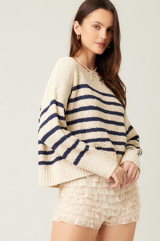 STRIPED LIGHTWEIGHT SWEATER - NAVY/CREAM