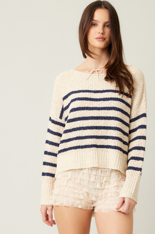 STRIPED LIGHTWEIGHT SWEATER - NAVY/CREAM